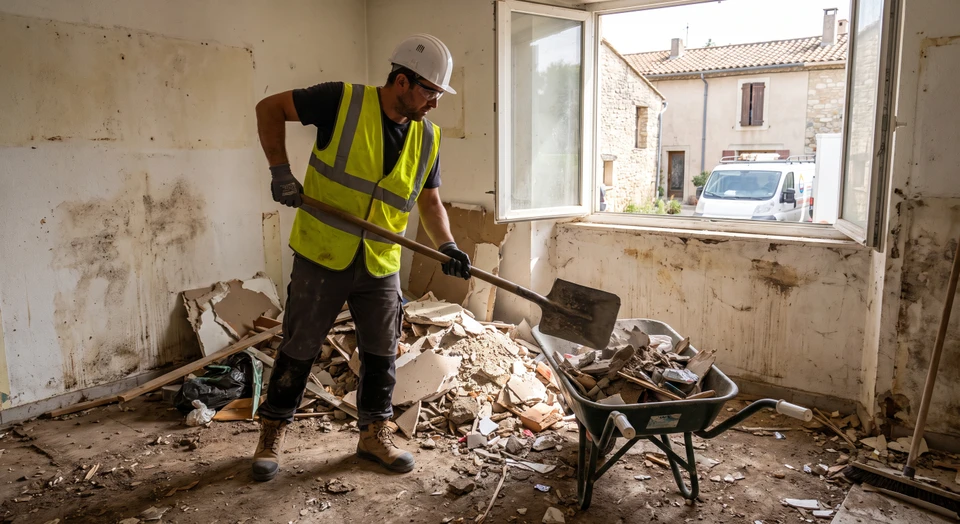 Scène extérieure, un homme en t-shirt noir "LRS" et pantalon cargo kaki observe une benne à ordures métallique verte de grande capacité (environ 30m³), type skip container, remplie de déchets de bois : planches, lambris, panneaux MDF et menuiseries démontées