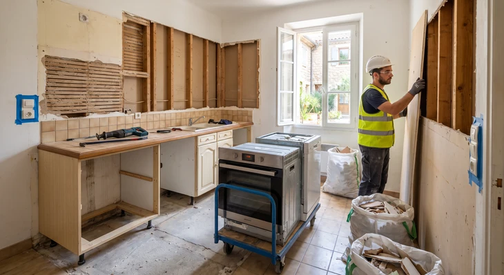Chantier de rénovation dans la cour intérieure d'un bâtiment historique en pierre de taille