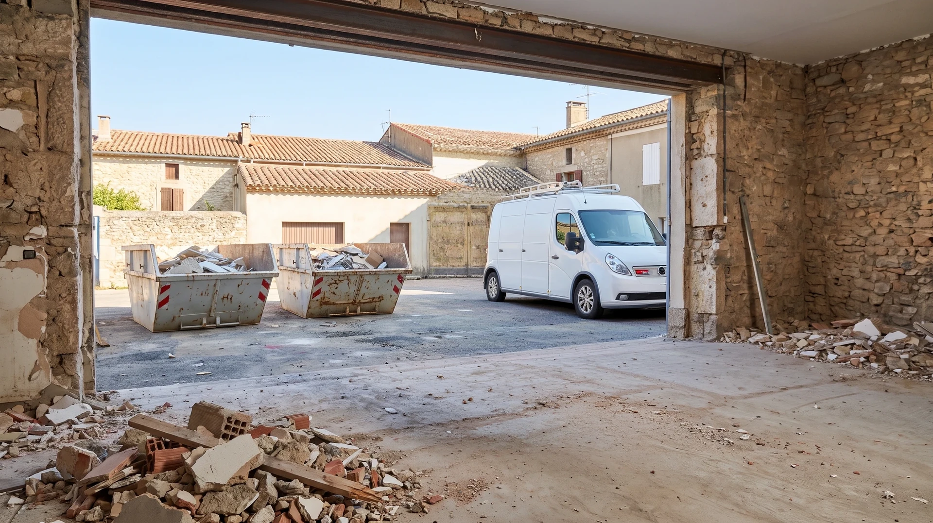 Ouvrier en tenue de travail et équipements de sécurité (casque, gilets haute visibilité) effectuant l'évacuation manuelle de gravats, décombres et cloisons démolies dans un local entièrement dévastalisé, avec débris épars au sol et bennes de chantier visibles en arrière-plan pour l'enlèvement des matériaux.